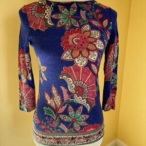 TALBOTS womens merino wool floral blue long sleeve dress sweater, XS